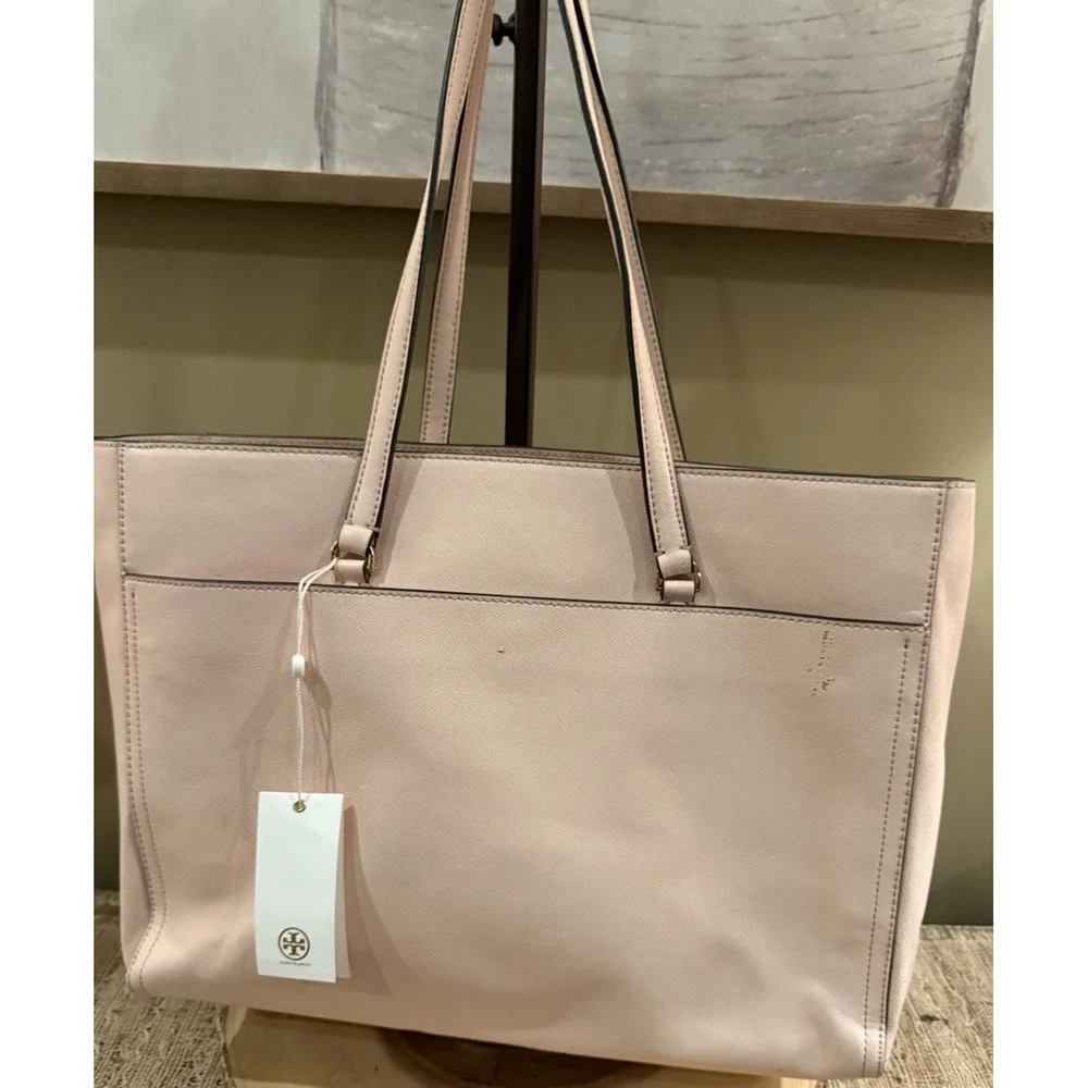 Tory Burch Robinson Double Zip Tote Bag Pale Apricot Pink Style New With Defects